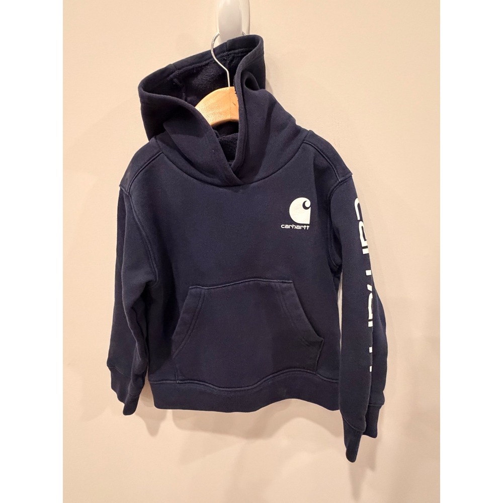 Carhartt Hoodie Youth Small‎ Navy Blue Logo Sleeve Pullover Sweatshirt
